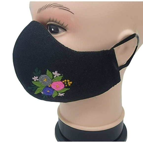 New Face cover ear loop black Mask Women's Embroidered handmade  bouquet flower - Picture 1 of 5